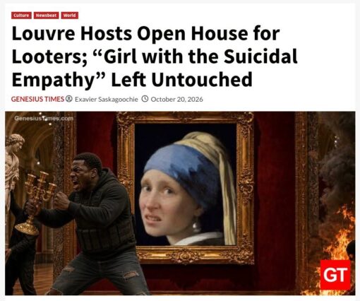 Art Memes, Current Event Memes, Dark Humor, Funniest Memes, History Memes, Media Memes, News Memes, Play on Words Memes, Pop Culture Memes, Stealing Memes, Useful Idiot, Voting consequences girl, The meme is styled like a screenshot of a Genesius Times news article, with red section tags at the top and a huge tabloid headline claiming the Louvre held an “open house for looters.” Beneath the byline and date, the image shows a museum-gallery chaos scene: ornate walls, smoke and fire, a thief-like figure clutching a gold candelabra, and a gilded frame containing a warped parody of Vermeer’s famous “Girl with a Pearl Earring.” The altered painting has an awkward, worried expression, making the elegant art reference look intentionally goofy. A red “GT” logo sits in the lower right, reinforcing the fake-news/satire-site presentation.