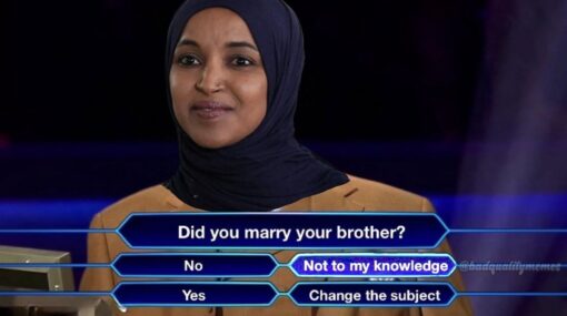 Awkward Memes, Brother Memes, Family Memes, Funniest Memes, Game Show Memes, Ilhan Married Her Brother, Incest Memes, Marriage Memes, Political Memes, Relationship Memes, The meme shows a woman in a dark hijab edited into a dramatic game-show setting, styled like a “Who Wants to Be a Millionaire?” multiple-choice question screen. The large prompt asks, “Did you marry your brother?” and the four answer choices are “No,” “Not to my knowledge,” “Yes,” and “Change the subject.” The highlighted-looking answer area and glossy blue quiz graphics make the scene feel like a tense televised final-answer moment, while the question itself is personal, accusatory, and intentionally uncomfortable.