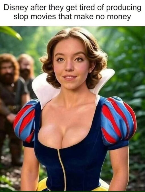CGI Memes, Corporation Memes, Current Event Memes, Disney Memes, Fairy Tale Memes, Funniest Memes, Hollywood Memes, Money Memes, Movie Memes, Pop Culture Memes, The meme shows a glossy, fantasy-movie-style image of a young woman in a Snow White-inspired blue, red, and yellow princess dress, standing in a lush green forest. Behind her, several blurred figures resembling dwarfs or crew members linger in the background, giving the scene the look of a behind-the-scenes Disney remake or an AI-generated fan casting poster. Across the top, the text reads: “Disney after they get tired of producing slop movies that make no money.” The clean white caption area contrasts with the bright, polished princess imagery below, making the image feel like a mock proposal for Disney’s next desperate blockbuster pivot.