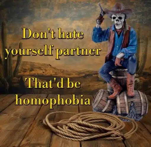 Cowboy Memes, Dark Humor, Funniest Memes, Gay Memes, LGBTQ+ Memes, Play on Words Memes, Pride Memes, Pun Memes, Self Deprecating Memes, Wholesome Family Friendly, A skeletal cowboy in a brown hat, blue shirt, red scarf, jeans, and boots poses on top of barrels in a dusty Western desert scene. He holds a revolver upright like an old gunslinger, with cacti, rope, wooden planks, and a warm sepia backdrop adding to the frontier atmosphere. Large yellow text overlays the image: “Don't hate yourself partner” followed by “That'd be homophobia,” turning the cowboy’s tough, outlaw-style presentation into a strangely encouraging pep talk.
