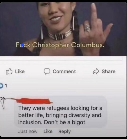 Activist Memes, Columbus Day Memes, Double Standard Memes, Facebook Memes, Fuck You Memes, Funniest Memes, Funny Comments Memes, History Memes, Immigration Memes, Ironic Memes, Offensive Memes, Political Memes, Social Media Memes, The meme is styled like a cropped Facebook post. At the top, a woman smiles while holding up her middle finger, with the overlaid caption “F*ck Christopher Columbus.” Under it are the familiar Facebook-style buttons: Like, Comment, and Share.