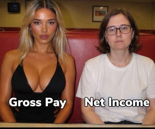 Broke Memes, Expectation vs Reality, Finance Memes, Funniest Memes, Job Memes, Money Memes, Reality Memes, Tax Memes, Work Memes, The meme shows two people seated side by side in a restaurant booth. On the left is a polished, glamorous woman in a black outfit labeled “Gross Pay,” while on the right is a much plainer, tired-looking person in a white T-shirt labeled “Net Income.” The bold white captions sit across the bottom of the image, turning the two contrasting appearances into a visual comparison between how a paycheck looks before deductions and how it feels after everything is taken out.