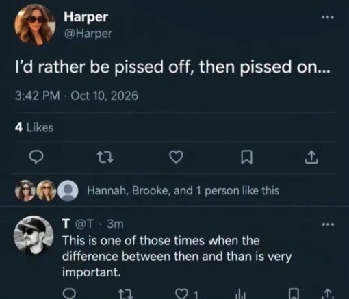 Dirty Mind Memes, Double Meaning Memes, Funniest Memes, Funny Comments Memes, Funny Text Memes, Grammar Memes, Misunderstanding Memes, Not What I Meant Memes, NSFW, Pee Memes, Play on Words Memes, Social Media Memes, Twitter Memes, The meme is a dark-mode Twitter/X-style screenshot showing a post by “Harper” with a small profile photo and the line, “I'd rather be pissed off, then pissed on...” Beneath it are the timestamp, a low like count, and a small row showing that a few people liked the post.