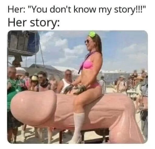 Cringe Memes, Dirty Mind Memes, Funniest Memes, Girls Memes, NSFW, Oversharing Memes, Party Memes, Penis Memes, Sex Memes, Weird Memes, Women Memes, The meme opens with the caption, “Her: ‘You don’t know my story!!!’” followed by “Her story:” as if it is about to reveal a dramatic backstory. Beneath the text is a sunny outdoor scene where a woman in a bright pink bikini is posed on top of a large adult novelty prop shaped like a giant phallus, with a crowd gathered around in the background.