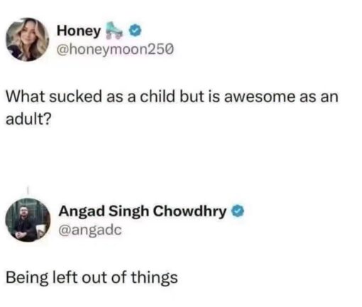Conversation Memes, Friend Memes, Funniest Memes, Funny Text Memes, Introvert Memes, Kid VS Adult, Life Memes, Perspective Memes, Social Media Memes, Social Memes, Twitter Memes, The image is a cropped screenshot of a Twitter/X exchange on a plain white background. At the top, a user named Honey asks, “What sucked as a child but is awesome as an adult?” Beneath it, Angad Singh Chowdhry replies simply: “Being left out of things.” The layout is minimal and text-focused, with profile photos, display names, handles, and blue verification-style badges visible. The humor comes entirely from the short question-and-answer format, making the punchline feel quick, dry, and instantly relatable.