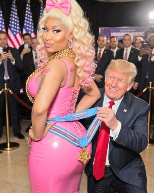 AI Memes, Ass Memes, Butt Memes, Celebrity Memes, Current Event Memes, Donald Trump Memes, Funniest Memes, Political Memes, Pop Culture Memes, Rap Memes, Trump and Nicki’s Ass, The image shows a glossy, obviously stylized political-pop-culture mashup: Nicki Minaj, dressed in bright pink with a large bow, blond-and-pink hair, and heavy gold accessories, poses in the foreground while Donald Trump kneels beside her in a suit and red tie. He appears to be fastening or presenting an oversized blue-and-gold medal around her hips, while suited spectators, cameras, American flags, and a campaign-style backdrop fill the scene behind them. The garbled background text reads “HONORM•HONORABIC,” giving the whole scene the feel of a fake awards ceremony where the “honor” is not exactly dignified. The shiny lighting, exaggerated poses, and surreal medal placement make the image read as an AI-style satire rather than a documentary photograph.