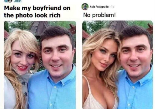 Couple Memes, Expectation vs Reality, Funniest Memes, Funny Comments Memes, Misunderstanding Memes, Money Memes, Not What I Meant Memes, Photography Memes, Photos Gone Wrong, Pics Gone Wrong, Relationship Memes, Social Media Memes, Troll Memes, The meme is laid out like a social-media photo-editing request: on the left, a woman asks someone to “Make my boyfriend on the photo look rich,” above a smiling couple’s outdoor selfie. The boyfriend is in a light blue button-up shirt, standing next to his blonde girlfriend in the original picture.