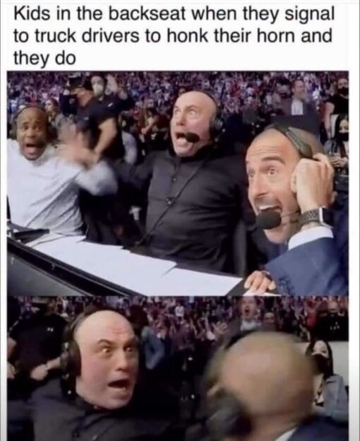Car Memes, Driving Memes, Funniest Memes, Happiness Memes, Kid Memes, Truck Memes, Wholesome Family Friendly, The meme shows a two-panel reaction image of sports commentators at a live event, wearing headsets at a broadcast desk while a packed crowd erupts behind them. In the first panel, the men look shocked and ecstatic, with wide eyes, open mouths, raised hands, and the kind of exaggerated excitement usually reserved for a huge last-second play.