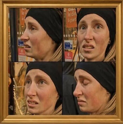 Confused Memes, Funniest Memes, Language Memes, Play on Words Memes, Translation Memes, Useful Idiot, Voting consequences girl, WTF Memes, A four-panel close-up shows a woman in a black head covering making a sequence of uncertain, uncomfortable, and almost tearful expressions. Each quadrant captures her face from a slightly different angle, as if she is processing something confusing in real time.