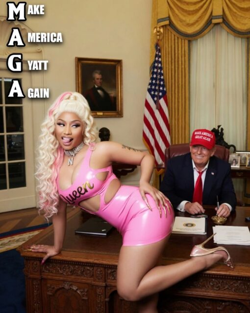 American Memes, Booty Memes, Celebrity Memes, Donald Trump Memes, Funniest Memes, MAGA Memes, Mashup Memes, Music Memes, Patriotic Memes, Play on Words Memes, Political Memes, Rap Memes, Trump and Nicki’s Ass, The image is a glossy, obviously edited or AI-styled scene set in a White House–like Oval Office, complete with gold curtains, a U.S. flag, a presidential desk, and formal décor. On the left, large stacked letters spell out a MAGA-style acronym, while a Nicki Minaj-like figure in a shiny pink outfit poses across the desk in front of a smiling Donald Trump-like figure wearing a red campaign-style hat.