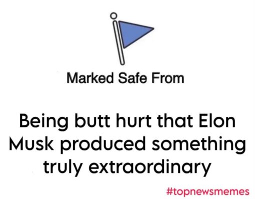 Current Event Memes, Elon Musk Memes, Facebook Memes, Funniest Memes, Hater Memes, News Memes, Pop Culture Memes, Rude Memes, Social Media Memes, Tech Memes, Tesla Roadster, Troll Memes, A plain white “Marked Safe From” meme card shows a simple blue flag icon at the top, followed by bold black text that reads like a mock public-safety update. The main line says the poster is safe from “Being butt hurt that Elon Musk produced something truly extraordinary,” with “#topnewsmemes” in red at the bottom right. The image is minimalist and intentionally resembles a social media safety-check notification, making the oversized caption feel like an official announcement about surviving an emotional crisis.