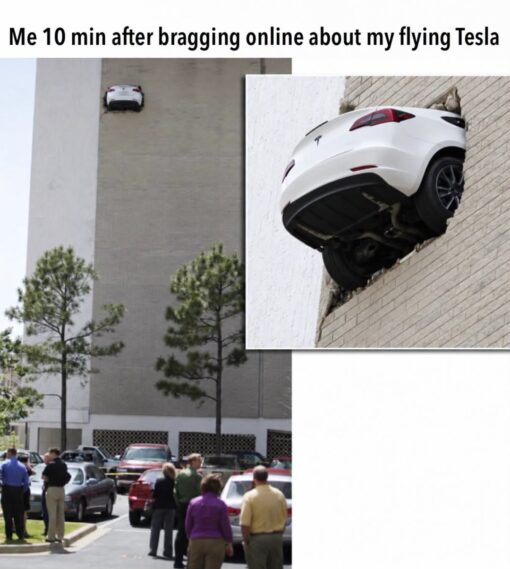 Car Memes, Crash Memes, Driving Memes, Expectation vs Reality, Funniest Memes, Futuristic Memes, Gloat Memes, Internet Memes, Poor Decisions Memes, Social Media Memes, Tech Memes, Tesla Roadster, WTF Memes, A white Tesla is shown improbably lodged high up in the side of a tall building, as if it somehow launched off the ground and smashed straight into the wall. Below, small groups of people stand in a parking lot looking up at the bizarre scene, emphasizing just how high and impossible the crash appears.