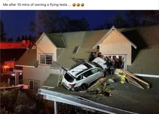 Car Memes, Crash Memes, Disaster Memes, Driving Memes, Funniest Memes, Futuristic Memes, Poor Decisions Memes, Tech Memes, Tesla Roadster, WTF Memes, The meme shows a nighttime emergency scene where a white car has somehow ended up crashed into the roof of a house, partly lodged near an upper window. Firefighters or emergency responders are gathered around it, with a fire truck ladder extended nearby and debris scattered across the shingles.