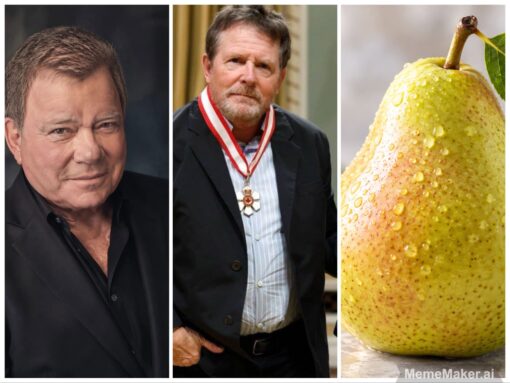 Celebrity Memes, Food Memes, Funniest Memes, Play on Words Memes, Pop Culture Memes, Pun Memes, A three-panel image places two celebrity portraits beside a close-up of a pear. On the left is William Shatner in a dark suit, staring calmly at the camera; in the middle is Michael J. Fox wearing a jacket and medal; on the right is a large yellow-green pear covered in water droplets. The only visible text is the small watermark “MemeMaker.ai” in the lower-right corner.