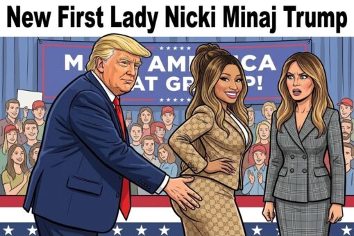 American Memes, Celebrity Memes, Current Event Memes, Donald Trump Memes, Funniest Memes, MAGA Memes, Mashup Memes, Music Memes, Offensive Memes, Political Memes, Pop Culture Memes, Rap Memes, Trump and Nicki’s Ass, A brightly colored political cartoon shows Donald Trump on the left at what looks like a campaign rally, with a crowd of supporters and a blue-red stage sign behind him. The headline across the top reads, “New First Lady Nicki Minaj Trump,” while the partially blocked rally sign in the background shows the garbled text “M AM CA / AT GR P!”