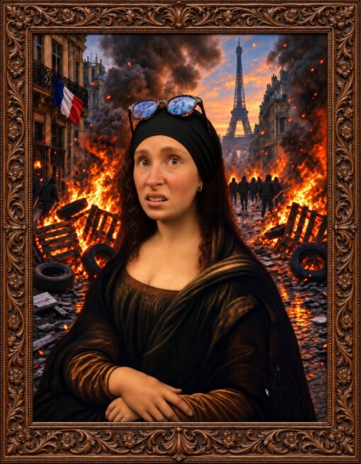 AI Memes, Apocalypse Memes, Art Memes, Disaster Memes, Funniest Memes, Mashup Memes, Pop Culture Memes, Protestor Memes, Voting consequences girl, Weird Memes, WTF Memes, An ornate, old-fashioned picture frame surrounds a surreal parody portrait of the Mona Lisa. The central figure keeps the familiar folded-hands pose, but she has a worried, modern expression, a black head covering, and sunglasses perched on top of her head.