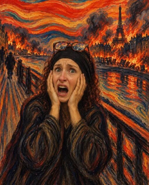 Apocalypse Memes, Art Memes, Disaster Memes, End of the World Memes, Famous Movie Scene, Funniest Memes, Scary, Useful Idiot, Voting consequences girl, WTF Memes, The image shows a terrified woman in the foreground, clutching both sides of her face with her mouth open in a scream. Her realistic face is blended into a dramatic, painterly scene with thick, swirling brushstrokes, fiery orange skies, and dark, smoky clouds.
