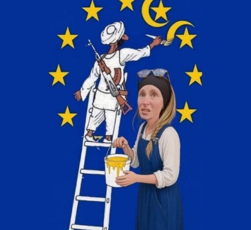 Funniest Memes, Immigration Memes, Muslim Memes, Offensive Memes, Political Memes, Religious Memes, Useful Idiot, Voting consequences girl, A cartoon-like image shows the blue European Union flag background with its ring of yellow stars, but a man in traditional-looking Middle Eastern or Muslim-associated clothing is standing on a ladder and painting yellow crescent shapes over some of the stars. He has a rifle slung over his shoulder, intensifying the political and confrontational tone of the image.