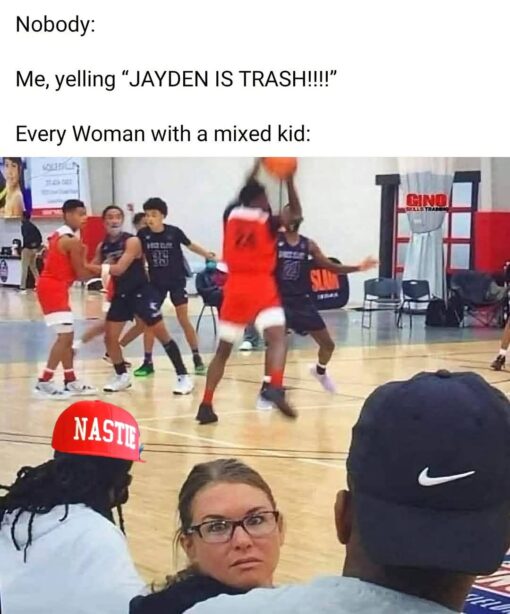 Angry Memes, Funniest Memes, Insult Memes, Kid Memes, Mom Memes, Nasty Memes, Offensive Memes, Roast Memes, Sports Memes, Stereotype Memes, Women Memes, The meme uses a classic “Nobody:” setup in large black text over a blurry youth basketball game. On the court, kids are mid-play, while the foreground focuses on spectators sitting courtside, especially a woman in glasses turning around with a sharp, stunned glare. A red hat graphic labeled “NASTIE” is placed over someone in the crowd, adding a loud reaction-caption feel to the scene. The whole image looks like a screenshot from a chaotic gym moment where one shouted insult instantly pulls attention from the audience.