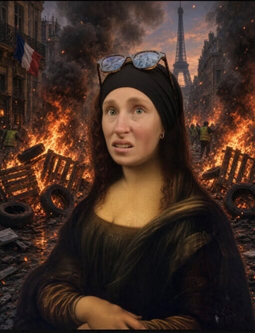 Apocalypse Memes, Art Memes, Disaster Memes, Funniest Memes, History Memes, Useful Idiot, Voting consequences girl, WTF Memes, A digitally altered, cinematic version of the Mona Lisa stands in the foreground with her familiar folded-hands pose, but instead of a calm Renaissance landscape behind her, she is placed in a chaotic Paris street. The Eiffel Tower rises in the smoky distance while flames, burning debris, tires, barricades, and dark clouds of smoke fill the scene.