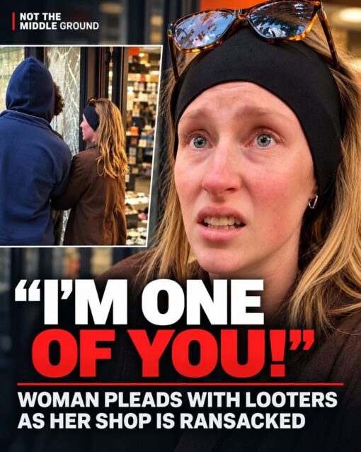 Current Event Memes, Dark Humor, Disaster Memes, Funniest Memes, Ironic Memes, News Memes, Political Memes, Protestor Memes, Stealing Memes, Useful Idiot, Voting consequences girl, Women Memes, The image is styled like a dramatic news or social-media thumbnail, with a close-up of a worried blonde woman wearing a black headband and sunglasses on her head. Her expression looks anxious and pleading, while a smaller inset image shows a hooded person and the woman near a damaged storefront or display window, suggesting a chaotic looting scene. Large bold text dominates the bottom: “I’M ONE OF YOU!” in white and red, followed by the headline “WOMAN PLEADS WITH LOOTERS AS HER SHOP IS RANSACKED.” In the upper-left corner, the label “NOT THE MIDDLE GROUND” gives it a branded, commentary-show feel.