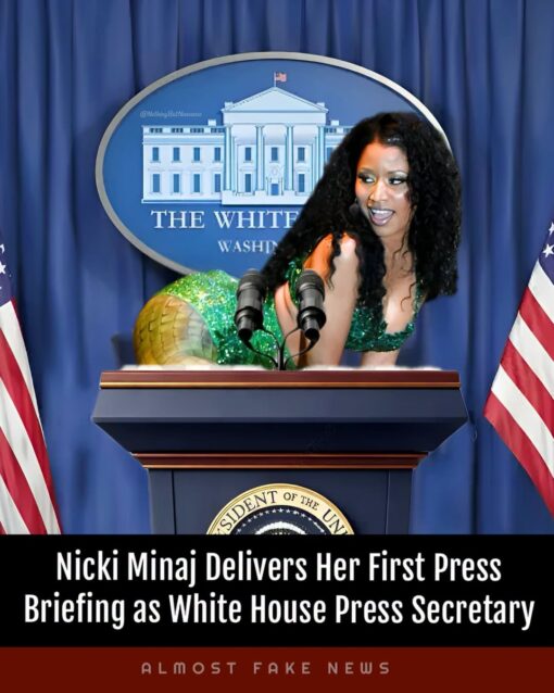 Celebrity Memes, Current Event Memes, Funniest Memes, Government Memes, Mashup Memes, Media Memes, Music Memes, News Memes, Political Memes, Pop Culture Memes, Rap Memes, Trump and Nicki’s Ass, The meme shows a photoshopped Nicki Minaj posed on top of the White House press briefing podium, leaning forward between the microphones in a glittery green outfit with a mermaid-like lower half. Behind her are the blue press-room curtains, American flags, and the familiar White House briefing backdrop, giving the absurd image a fake-official look. A bold black news-banner caption at the bottom reads, “Nicki Minaj Delivers Her First Press Briefing as White House Press Secretary,” with “ALMOST FAKE NEWS” underneath, framing the image like a parody news segment rather than a real announcement.