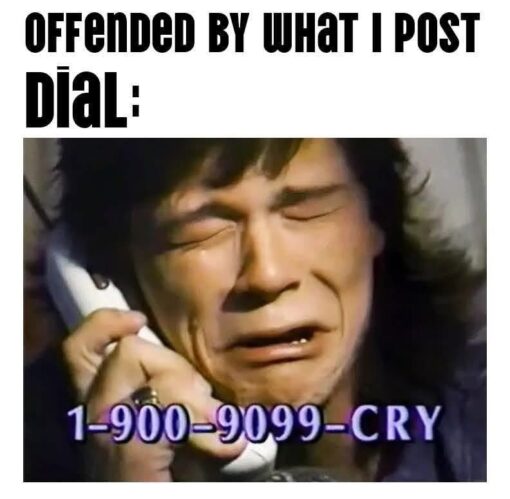 Funniest Memes, Funny Text Memes, Mean Memes, Offensive Memes, Phone Memes, Rude Memes, Social Media Memes, Troll Memes, A bold, poster-style meme uses oversized black text at the top reading “OFFENDED BY WHAT I POST” followed by “DIAL:” in even larger letters. Beneath it is a grainy retro-looking image of a man holding a phone to his ear while crying dramatically, with the fake hotline number “1-900-9099-CRY” displayed across the bottom in purple text.