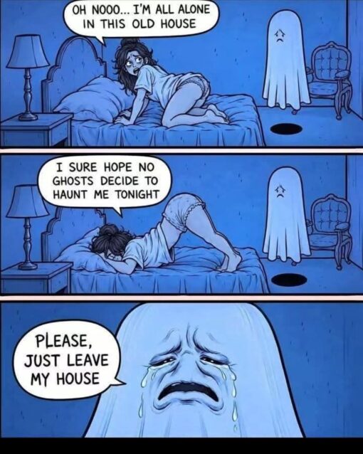 Creepy Memes, Funniest Memes, Funny Text Memes, Ghost Memes, Halloween Memes, Haunted Memes, Horror Memes, Ironic Memes, Scary, Spooky Memes, A blue-tinted, three-panel comic shows a woman posing dramatically on a bed in a spooky old bedroom while a sheet-like ghost stands nearby looking increasingly uncomfortable. In the first two panels, she loudly announces that she is alone in the house and hopes no ghosts haunt her, while turning the situation into an exaggerated invitation rather than a fearful warning. The final panel zooms in on the ghost’s tearful, distressed face as it says, “PLEASE, JUST LEAVE MY HOUSE,” flipping the expected horror dynamic. Instead of the human being terrified by the ghost, the ghost is the one begging to be left alone.
