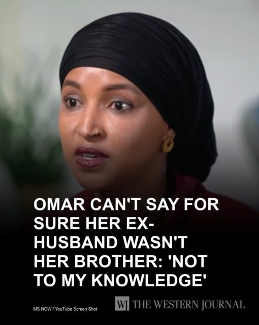 Anti Democrat Memes, Brother Memes, Conservative Memes, Current Event Memes, Divorce Memes, Funniest Memes, Ilhan Married Her Brother, Incest Memes, Media Memes, News Memes, Political Memes, Sibling Memes, YouTube Memes, A close-up interview screenshot shows Rep. Ilhan Omar wearing a black head covering, looking wide-eyed and serious against a softly blurred background. The lower half is covered by a dark gradient with large, bold, all-caps white text presenting a sensational headline about her ex-husband and the phrase “NOT TO MY KNOWLEDGE.” The image is styled like a news-card meme: a dramatic still image, a provocative political caption, and small attribution text reading “MS NOW / YouTube Screen Shot” alongside The Western Journal branding at the bottom.