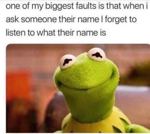 Awkward Memes, Conversation Memes, Forgetful Memes, Funniest Memes, Funny Name Memes, Kermit Memes, Self Deprecating Memes, Social Memes, A simple text-and-image meme shows a close-up of Kermit the Frog wearing his familiar soft, slightly blank smile. Above him, the caption admits a very specific social flaw: asking someone’s name and then immediately failing to absorb the answer. The plain black text on a white background makes the confession feel casual and matter-of-fact, while Kermit’s wide-eyed, innocent expression gives it the energy of someone quietly realizing they do this all the time.