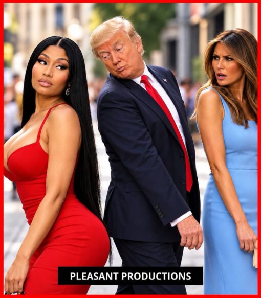 Celebrity Memes, Donald Trump Memes, Funniest Memes, Mashup Memes, Political Memes, Pop Culture Memes, Relationship Memes, Trump and Nicki’s Ass, A glossy, edited version of the classic “distracted boyfriend” setup shows Donald Trump in a suit and red tie turning his head toward a woman in a tight red dress who resembles Nicki Minaj, while a woman resembling Melania Trump in a blue dress looks shocked and offended. The whole image is framed by a bright red border, with a black caption bar at the bottom reading “PLEASANT PRODUCTIONS.”