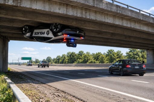 Car Memes, Cop Memes, Creepy Memes, Driving Memes, Funniest Memes, Police Memes, Road Memes, Stalker Memes, Stalking Memes, Tesla Roadster, Traffic Memes, Weird Memes, WTF Memes, A black-and-white police car is shown impossibly upside down, clinging to the underside of a concrete highway overpass like a vehicle-shaped bat. Its red and blue lights are flashing while normal traffic passes beneath it on a sunny multi-lane road, making the scene look like a bizarre hidden speed trap taken to cartoonish extremes. The visible text on the vehicle reads “POLICE” and “911,” with “STALKER” appearing on the hanging camera or equipment below the car, turning the patrol vehicle into something that feels less like public safety and more like a lurking menace.