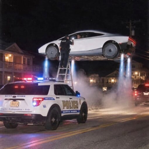 AI Memes, Airplane, Car Memes, Cop Memes, Funniest Memes, History Memes, Police Memes, Tesla Roadster, Traffic Memes, WTF Memes, A nighttime street scene shows a Kitty Hawk police SUV with its red-and-blue lights flashing while an officer stands on a ladder, reaching up toward the driver of a futuristic white flying car hovering above the road. Blue jet-like exhaust streams down from the car, lighting the smoke and pavement below, while houses and another vehicle sit in the background. The police vehicle’s markings read “KITTY HAWK,” “POLICE,” “911,” and “FIRST IN FLIGHT,” with the motto “Integrity • Professionalism • Pride” visible near the rear. The absurd image looks like a normal traffic stop upgraded into a sci-fi aviation incident.