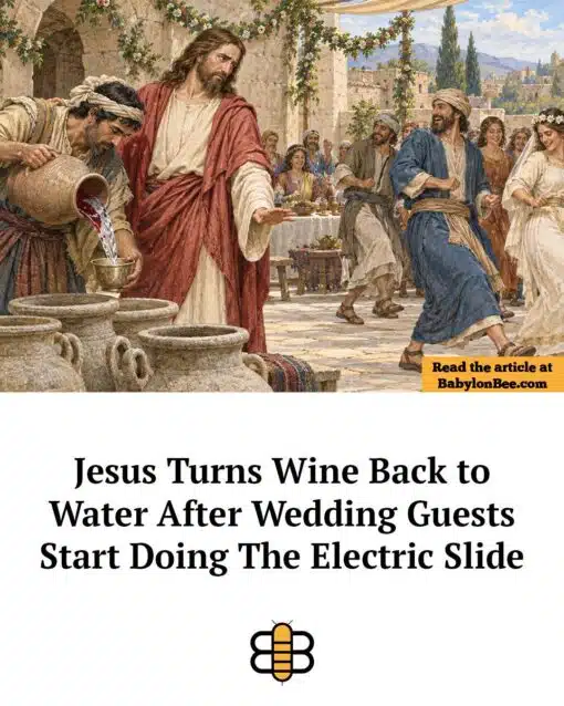 Alcohol Memes, Bible Memes, Christian Memes, Drinking Memes, Funniest Memes, Ironic Memes, Jesus Memes, Marriage Memes, Music Memes, Party Memes, Pop Culture Memes, Religious Memes, A bright, faux-biblical wedding scene shows Jesus standing beside large stone water jars while a servant pours liquid, evoking a classical painting of the wedding at Cana. Behind him, smiling guests in ancient robes appear to be dancing and celebrating under flower garlands, while a small orange label says, “Read the article at BabylonBee.com.” Below the image, a large satirical headline reads: “Jesus Turns Wine Back to Water After Wedding Guests Start Doing The Electric Slide,” pairing the solemn, sacred-looking artwork with the kind of goofy wedding-reception behavior everyone recognizes.