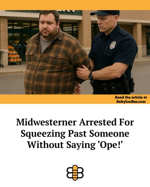 Accent Memes, American Memes, Awkward Memes, Cop Memes, Excuse Me Memes, Funniest Memes, Language Memes, News Memes, Police Memes, Social Memes, Stereotype Memes, The meme is styled like a Babylon Bee satirical news card, with a thick golden-yellow border and a staged-looking photo at the top. In the image, a serious police officer escorts a downcast man in a brown plaid shirt outside what looks like a grocery store or shopping center, making the “arrest” seem oddly formal and dramatic. Below the photo, the card reads, “Read the article at BabylonBee.com,” followed by the large headline: “Midwesterner Arrested For Squeezing Past Someone Without Saying 'Ope!'” A small bee logo at the bottom reinforces the fake-news/satire presentation.