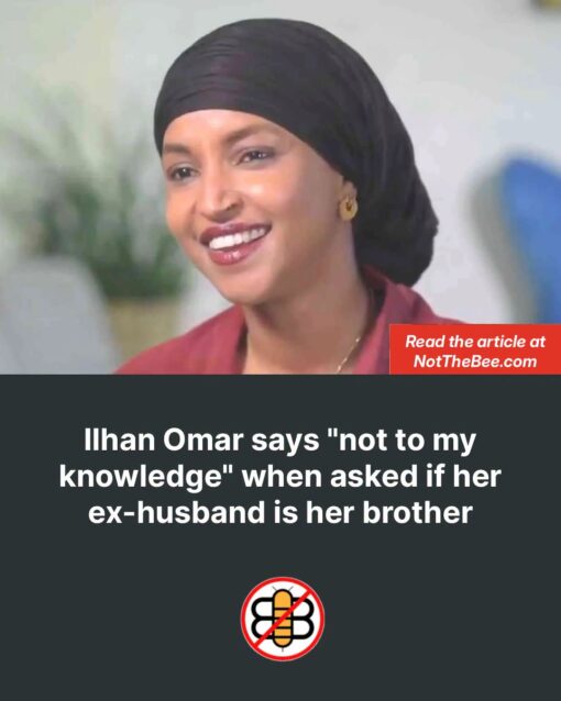 Anti Democrat Memes, Brother Memes, Conservative Memes, Conspiracy Memes, Current Event Memes, Funniest Memes, Ilhan Married Her Brother, Incest Memes, Marriage Memes, My EX Memes, News Memes, Political Memes, Sibling Memes, The meme shows a close-up image of Rep. Ilhan Omar smiling during what appears to be a television interview, wearing a dark head covering and a reddish jacket against a softly blurred background. A bright red label in the corner says, “Read the article at NotTheBee.com,” giving it the look of a political news-card or viral headline graphic. Below the photo, large white text on a dark background reads: “Ilhan Omar says "not to my knowledge" when asked if her ex-husband is her brother.” A small crossed-out bee logo at the bottom reinforces the NotTheBee branding and frames the post as a “real headline that sounds like satire” style of meme.
