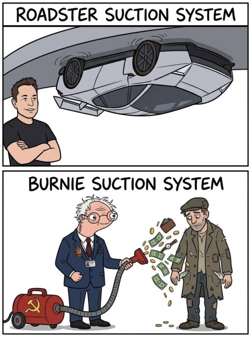 Car Memes, Communist Memes, Elon Musk Memes, Funniest Memes, Futuristic Memes, Money Memes, Play on Words Memes, Political Memes, Pun Memes, Roast Memes, Socialism Memes, Tesla Roadster, A two-panel cartoon compares two “suction systems.” In the top panel, a futuristic silver roadster is shown upside down, seemingly stuck to the underside of a roadway or tunnel ceiling, while a smiling Elon Musk-like figure stands nearby with his arms crossed under the caption “ROADSTER SUCTION SYSTEM.” In the bottom panel, the caption switches to “BURNIE SUCTION SYSTEM,” showing a Bernie Sanders-like caricature holding a vacuum hose connected to a red machine marked with a hammer-and-sickle symbol. The hose appears to be sucking money, coins, and a wallet away from a ragged, downcast man in patched clothing.
