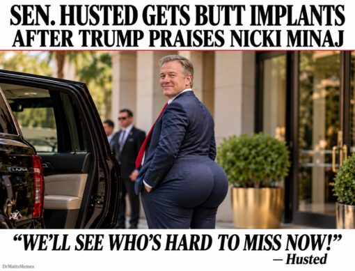 Ass Memes, Booty Memes, Butt Memes, Celebrity Memes, Current Event Memes, Donald Trump Memes, Funniest Memes, News Memes, Plastic Surgery Memes, Political Memes, Pop Culture Memes, Rap Memes, Trump and Nicki’s Ass, A fake tabloid-style political meme shows a suited man labeled by the text as Sen. Husted stepping out beside a black SUV, turning back toward the viewer with an absurdly exaggerated backside. The image is staged like a sensational news headline, with huge bold text across the top announcing, “SEN. HUSTED GETS BUTT IMPLANTS AFTER TRUMP PRAISES NICKI MINAJ.” At the bottom, a dramatic quote reads, “WE’LL SEE WHO’S HARD TO MISS NOW!” attributed to Husted, while the creator tag “DrMattsMemes” appears in the corner. The polished politician setting, security-detail atmosphere, and over-the-top body edit make the whole thing look like a ridiculous scandal photo from an alternate-universe campaign trail.