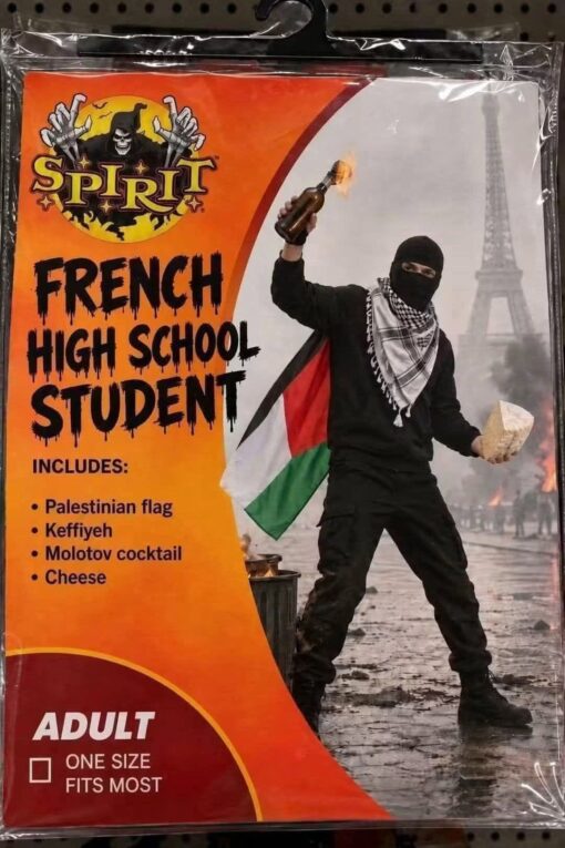 Activist Memes, Costume Memes, Food Memes, Free Palestine Memes, Funniest Memes, Halloween Memes, High School Memes, Israel vs Palestine Memes, Offensive Memes, Political Memes, Protestor Memes, School Memes, Stereotype Memes, A fake Spirit Halloween-style costume package hangs on a store peg, using the familiar orange-and-black seasonal packaging layout. The label advertises a “FRENCH HIGH SCHOOL STUDENT” costume, with a mock contents list that includes a Palestinian flag, keffiyeh, Molotov cocktail, and cheese.