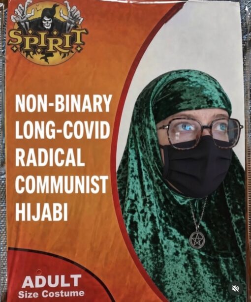 Communist Memes, Costume Memes, COVID Memes, Funniest Memes, Halloween Memes, Leftist Memes, LGBTQ+ Memes, Mask Memes, Muslim Memes, Offensive Memes, Political Memes, Stereotype Memes, Woke Idiot Memes, The image is styled like a packaged Spirit Halloween costume, with an orange-and-red retail-card backdrop and the Spirit logo in the corner. Large white block letters list the costume name in stacked lines: “NON-BINARY,” “LONG-COVID,” “RADICAL,” “COMMUNIST,” and “HIJABI,” followed by “ADULT Size Costume” at the bottom.