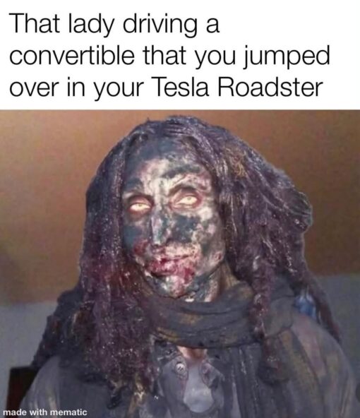 Car Memes, Crash Memes, Current Event Memes, Dark Humor, Driving Memes, Elon Musk Memes, Funniest Memes, Futuristic Memes, Road Memes, Tech Memes, Tesla Roadster, Woman Driver Memes, A large white caption sits above a gritty image of a woman who looks scorched, dazed, and horror-movie battered, with darkened skin, messy hair, and a thousand-yard stare. The text imagines her as the unlucky driver of a convertible that someone has just jumped over in a Tesla Roadster.