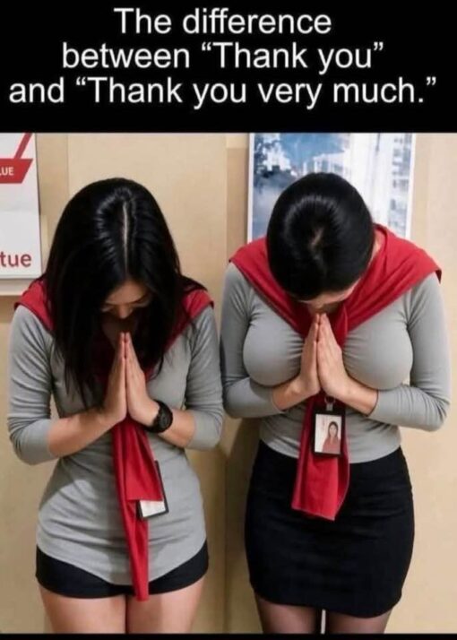 Boob Memes, Dirty Mind Memes, Double Meaning Memes, Funniest Memes, Funny Text Memes, Innuendo Memes, Language Memes, Perspective Memes, The meme shows two women standing side by side beneath a black caption bar with large white text. Both are bowing their heads with their hands pressed together in a polite, prayer-like “thank you” gesture, wearing similar gray tops with red scarves or uniform accents.