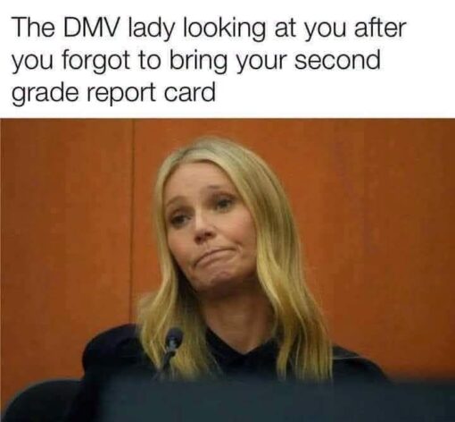 Celebrity Memes, Customer Service Memes, DMV Memes, Driving Memes, Forgetful Memes, Funniest Memes, Government Memes, Judgement Memes, Law Memes, Pop Culture Memes, School Memes, A caption at the top reads, “The DMV lady looking at you after you forgot to bring your second grade report card.” Beneath it is a courtroom-style image of Gwyneth Paltrow seated against a wood-paneled background, wearing dark clothing and giving a tight-lipped, unimpressed expression that lands somewhere between pity, judgment, and bureaucratic disappointment. The image turns her restrained courtroom face into the imagined stare of a DMV employee who has just discovered you are missing one more absurdly specific document. The plain white meme text area and the serious-looking setting make the ridiculous requirement feel even more official and intimidating.