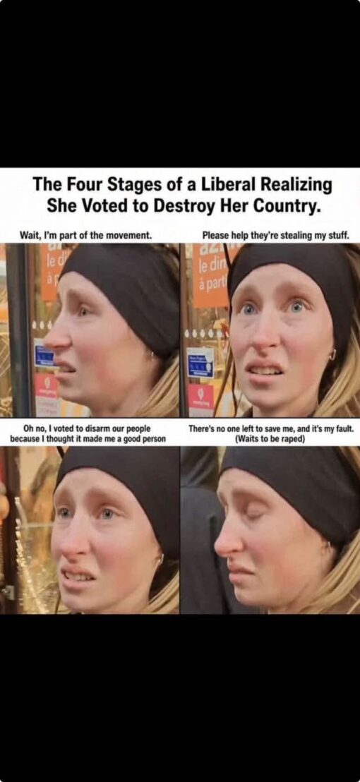 Dark Humor, Funniest Memes, Gun Memes, Leftist Memes, Liberal vs Conservative Memes, Offensive Memes, Political Memes, Regret Memes, Second Amendment Memes, Self Defense Memes, Stealing Memes, Voting consequences girl, White Liberals Memes, The meme is arranged as a four-panel reaction sequence using close-up photos of a blonde woman in a black headband standing in what looks like a public street or storefront setting. Across the top, a bold headline frames the sequence as “The Four Stages of a Liberal Realizing She Voted to Destroy Her Country,” while each panel adds a caption that escalates her expression from concerned surprise to fear, regret, and finally resigned despair. Visually, the joke relies on the woman’s increasingly distressed facial expressions: looking sideways, staring wide-eyed, appearing panicked, and then closing her eyes with a defeated expression. The captions impose a political narrative onto those expressions, turning the image into a dark, anti-liberal “consequences of your vote” meme about crime, gun control, helplessness, and self-blame.