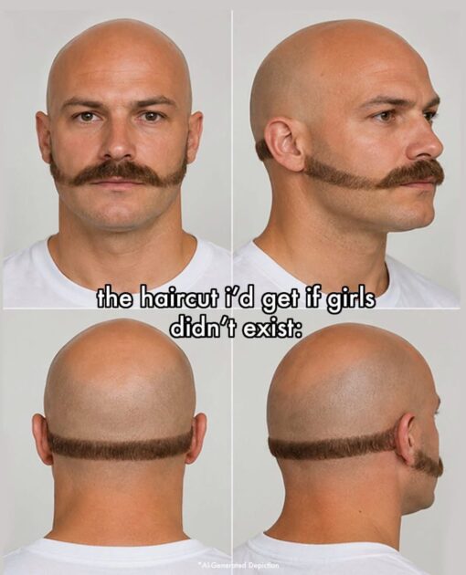 AI Memes, Bald Memes, Barber Memes, Funniest Memes, Funny Looking People Memes, Girls Memes, Guy Memes, Guys Only Memes, Hair Memes, Men vs Women, Mustache Memes, Style Memes, Weird Memes, The meme shows a clean, studio-style four-angle “haircut reference” collage of a bald man in a white shirt. From the front and side, he appears mostly shaved except for a thick mustache that seems to wrap around his jawline, sideburns, and the back of his head like one continuous strip of hair.