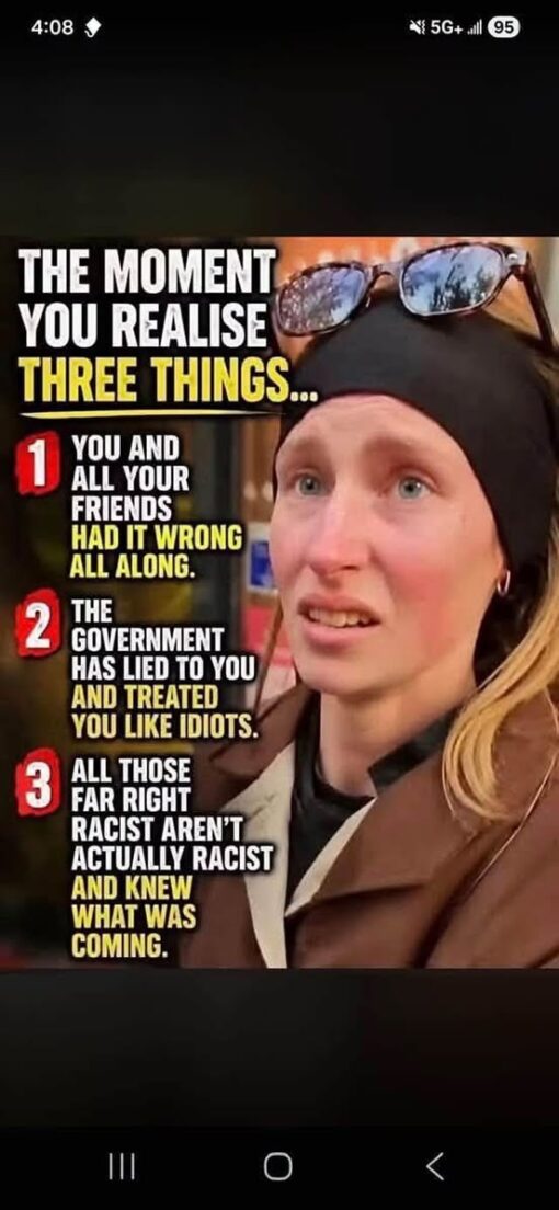 Conservative Memes, Deception Memes, Disillusioned Memes, Funniest Memes, Government Memes, Liar Memes, Liberal vs Conservative Memes, Political Memes, Racist Memes, Red Pill Memes, Right Wing Memes, Voting consequences girl, The meme shows a close-up of a young woman looking stunned, teary-eyed, and overwhelmed, as if she has just had a painful realization. She wears a dark head covering with sunglasses perched on top, and the cropped phone screenshot format gives the image a raw, social-media repost feel. Large, bold text fills the left side of the image, with yellow highlights and red numbered badges emphasizing a three-part “awakening”: being wrong with your friends, feeling lied to by the government, and rethinking people previously dismissed as “far right racist.”