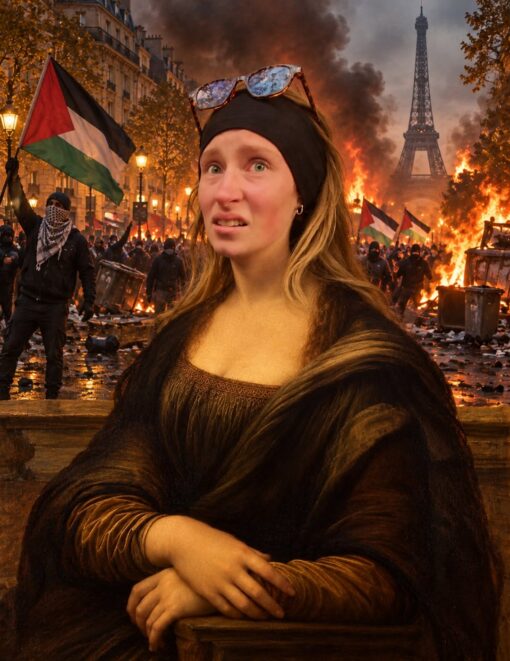 AI Memes, Art Memes, Current Event Memes, Disaster Memes, Free Palestine Memes, Funniest Memes, Israel vs Palestine Memes, Political Memes, Protestor Memes, Useful Idiot, Voting consequences girl, WTF Memes, A surreal, digitally composited scene shows a Mona Lisa–like woman in the foreground, posed with folded hands in the familiar Renaissance portrait style, but with a modern human face, a black headband, and sunglasses resting on top of her head. Behind her, Paris appears to be in chaos: the Eiffel Tower rises through smoke, fires burn in the street, masked protesters crowd the background, and several Palestinian flags wave amid the orange glow.