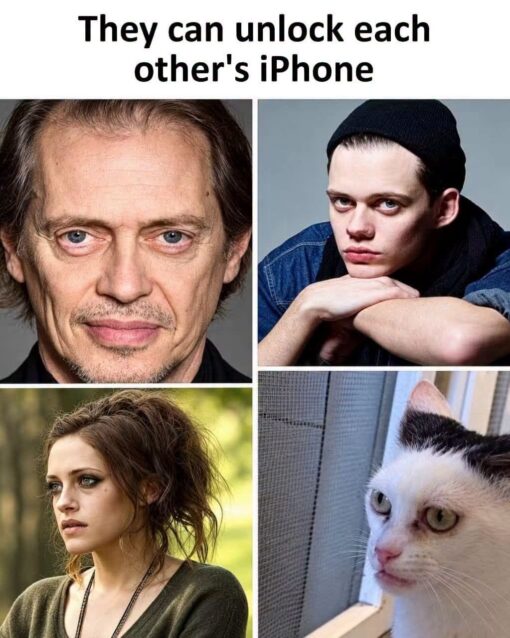 Cat Memes, Funniest Memes, Funny Looking People Memes, Looks Memes, Phone Memes, Tech Memes, A bold caption at the top reads, “They can unlock each other's iPhone,” above a four-panel collage of faces. The images show three people and one cat, all arranged in a grid, each with a similarly intense, pale-eyed stare and slightly gaunt or dramatic facial features.