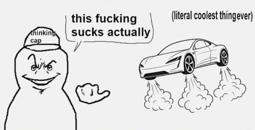 Car Memes, Dumb Take Memes, Funniest Memes, Funny Text Memes, Hat Memes, Ironic Memes, Tesla Roadster, WTF Memes, A rough black-and-white doodle shows a smug, mischievous-looking character wearing a baseball cap labeled “thinking cap.” The figure gestures toward a sleek sports car that is somehow hovering or blasting upward with cartoon rocket-like puffs under its wheels.