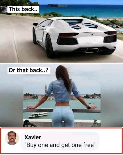 Ass Memes, Booty Memes, Butt Memes, Car Memes, Dirty Mind Memes, Double Meaning Memes, Funniest Memes, Innuendo Memes, Promotion Memes, Sales Memes, Shopping Memes, Women Memes, The meme is a three-part image comparing two kinds of “back.” The top panel shows the rear end of a sleek white exotic sports car driving along a sunny coastal road, labeled “This back..” in bold text. The middle panel switches to a woman seen from behind, leaning on a railing with a waterfront cityscape in the distance, labeled “Or that back..?”